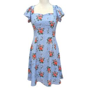 Aulala Design Blue Snow Blossom Floral Print Midi Dress Short Sleeve Size 4 NWT